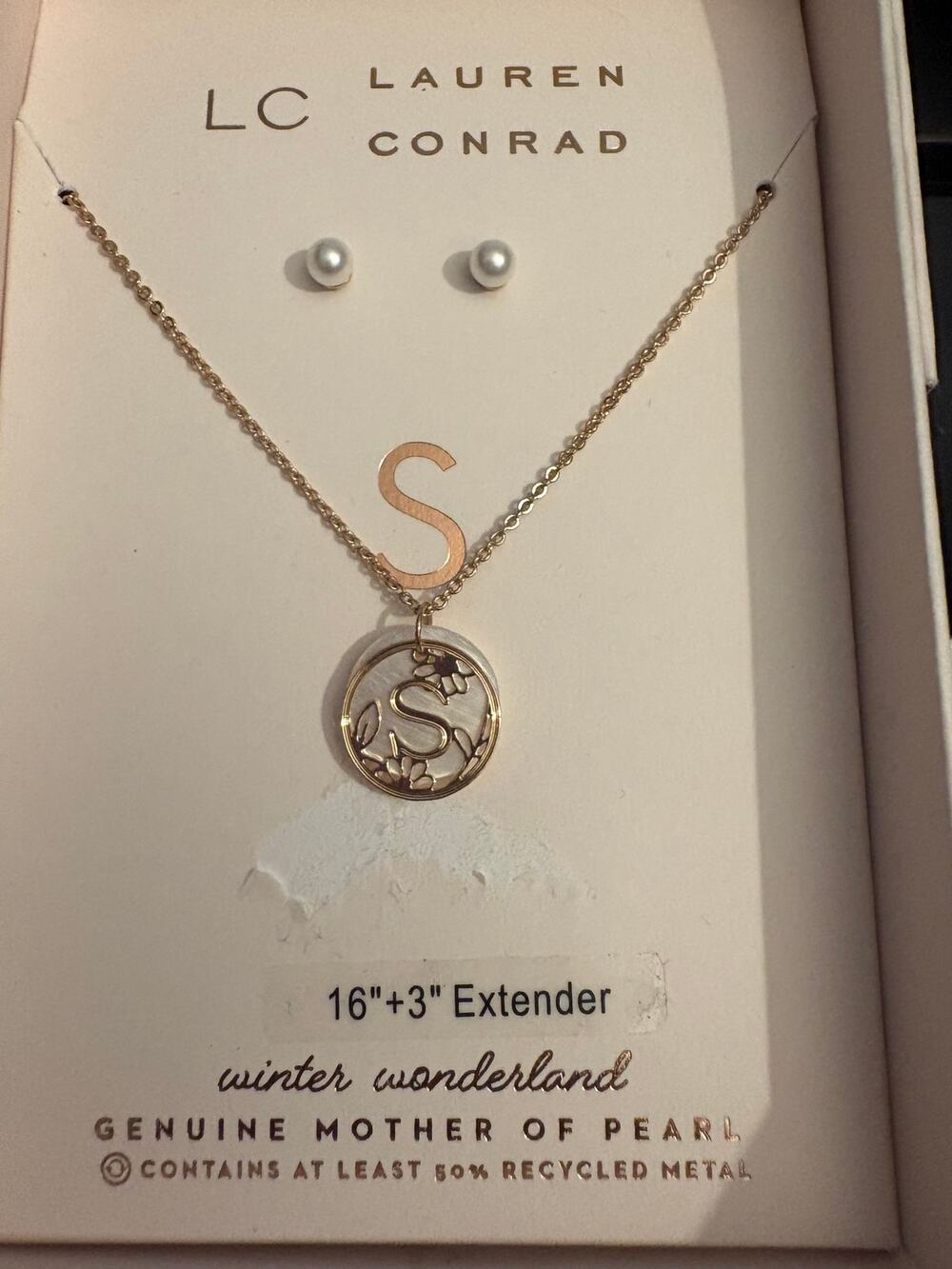 LC Lauren Conrad Mother of Pearl Initial “S” Necklace & Stud Earrings Set NIB